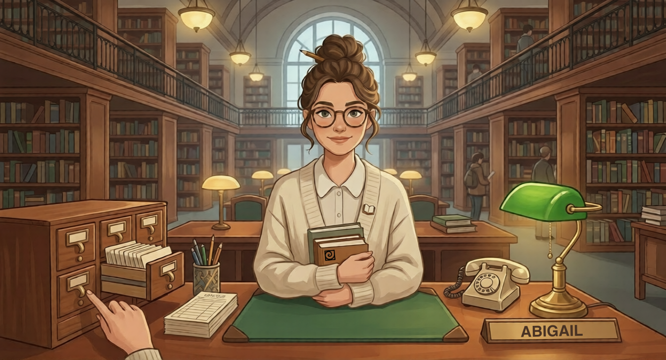Abigail, a warm librarian in glasses and a cream cardigan at her reference desk — card catalog, green banker's lamp, a nameplate reading ABIGAIL, books in hand, tall library shelves behind her